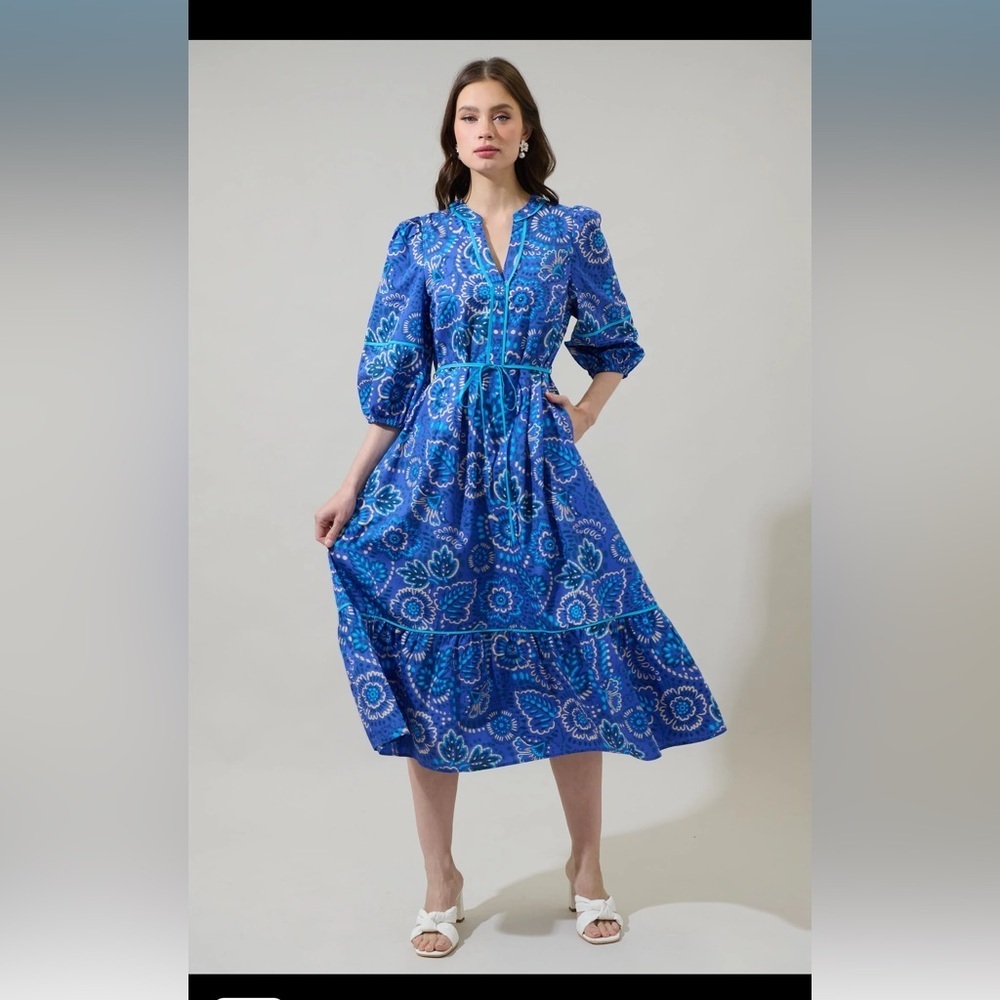 Kenner Floral Melia Shirt Midi Dress Blue Cream Multi - Picture 2 of 10